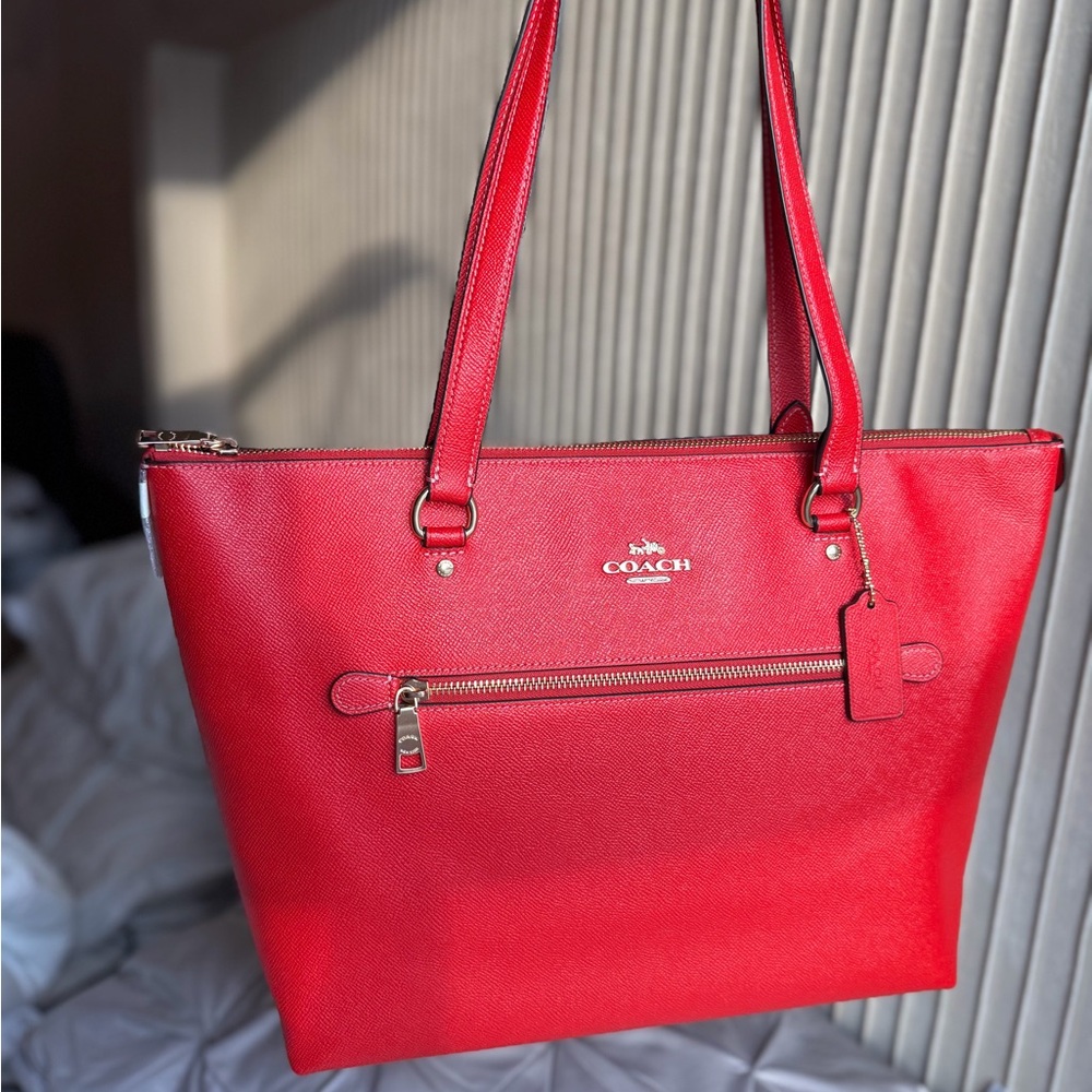 Coach Red Leather Gallery Zip Tote with Front Zip Pocket